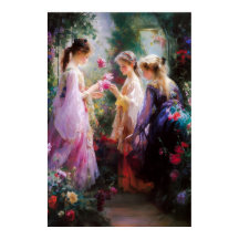 Tre flickor som leker i en trädgård 