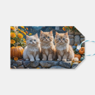 Tre fluffy Autumn Kittens med Pumpkins och Morsa Presentetikett