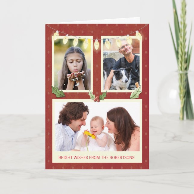 Tre foto anpassar sig från Namn Light String Red Kort (Framsida)