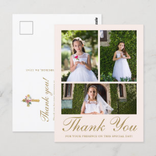 Tre Foto Blommig Kors First Communion Rosé Vykort