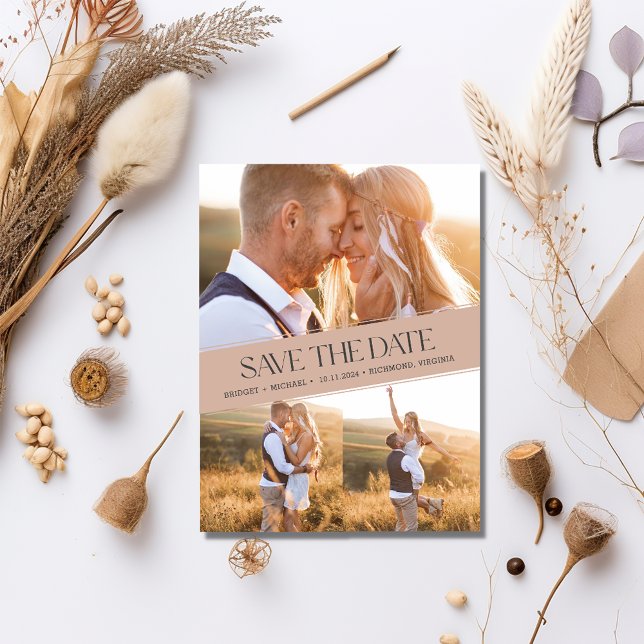 Tre Foto Collage Boho Bröllop Spara Datum Meddelande Vykort (Three Photo Collage Boho Wedding Save the Date)