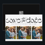 Tre foto enkla moderna trendiga svarta vita spara datumet<br><div class="desc">Spara datum! Denna stilrena och unika rädda-datum-design har en trendig typbehandling ovanför en collage av tre foton. Det är ett perfekt modernt kort för att meddela din förlovning och kommande bröllop. Baksidan är i matchande chic svart med plats för ett anpassat meddelande som kan innehålla information om bröllopshandledningen och en...</div>