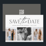 Tre foto enkla stilrena svarta vita spara datumet<br><div class="desc">Det här enkla men stilrena fotot för "save the date"-kort är det perfekta sättet att tillkännage din förlovning och kommande bröllop till vänner och familj. Framsidan av detta "save the date" har en modern typsnittsbehandling i svart ovanför en collage av tre foton. Baksidan är en chic kolgrå färg med utrymme...</div>