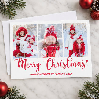 Tre Foto Familj Röd Skrift God Jul Julkort