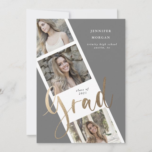 tre foto-fotoannonsering i guld studenten inbjudningar (Framsida)