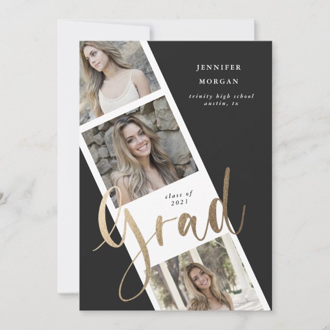 tre foto guld examensfoto meddelande inbjudningar (Framsida)