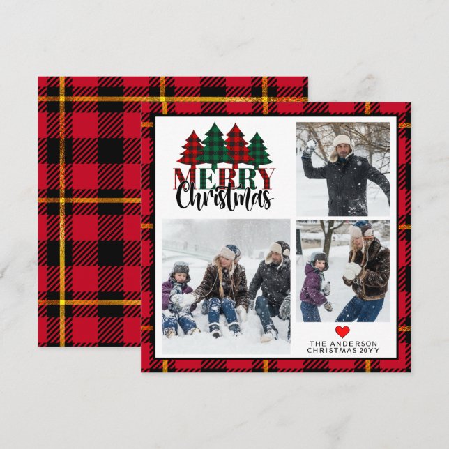 Tre Foto Jul Plaid Säsongens Hälsningar  Julkort (Fram/baksida)