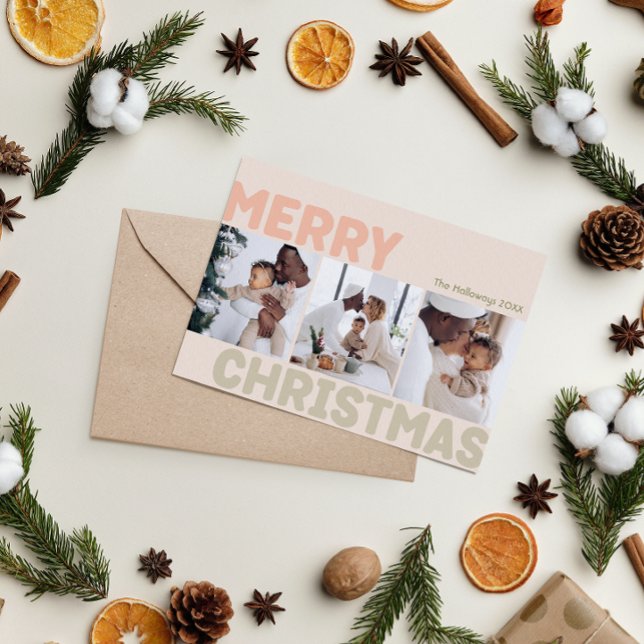 Tre foto med fetstil och modern koral God jul Julkort (Skapare uppladdad)