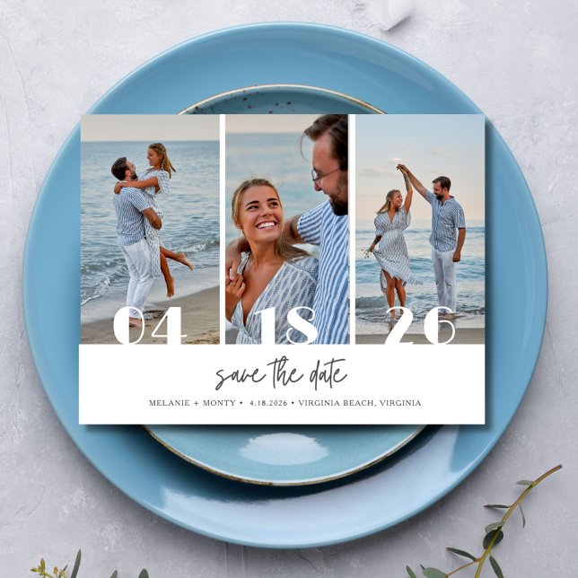 Tre Foto Strand Bröllop Spara Datum Meddelande Vykort (Three Photo Beach Wedding Save the Date Announcement Postcard)