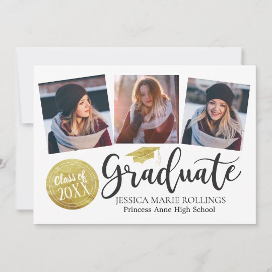 Tre foto-Studenten-kort - Guld Frimärke Grad Meddelande Zazzle.se