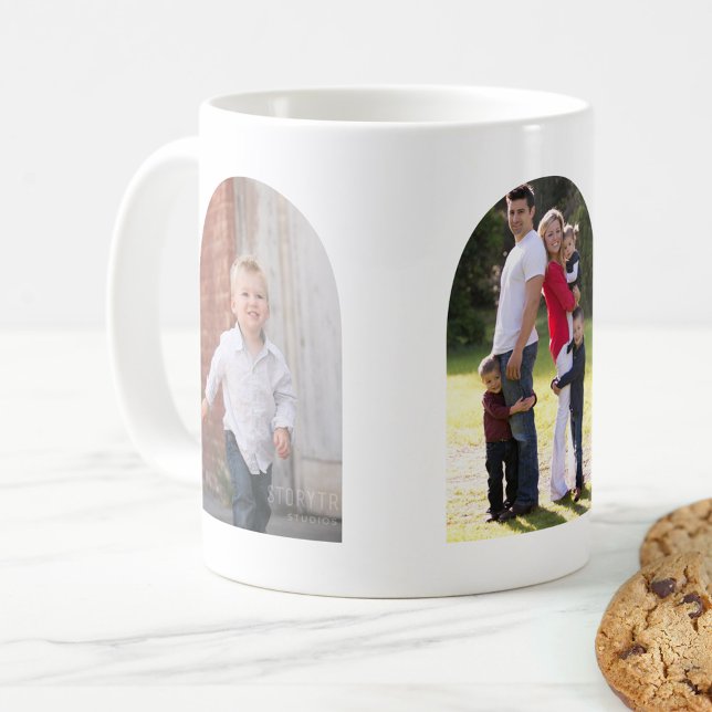 Tre fotobåge kaffemugg (Coffee mug with your three photos in modern arch shapes.)