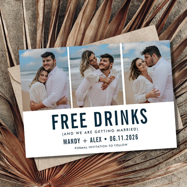 Tre fotobeach-bröllopsprogram Spara datum Spara Datumet (Three Photo Beach Wedding Funny Save the Date)