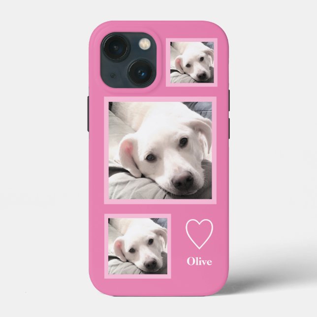 Tre foton av Cute White Puppy Add Namn Rosa (Baksida)