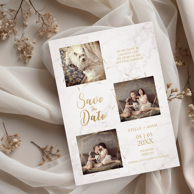 Tre foton Förlovning Meddelande från Faux Marble (Modern Calligraphy Three Photos Engagement Announcement on Faux Marble Save the Date Card.)