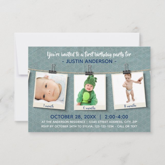 Tre foton på Twine-3x5Födelsedagsfest inbjudan (Framsida)