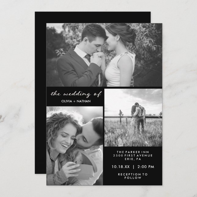 Tre foton | Svarta och vita Bröllop Inbjudningar (Fram/baksida)