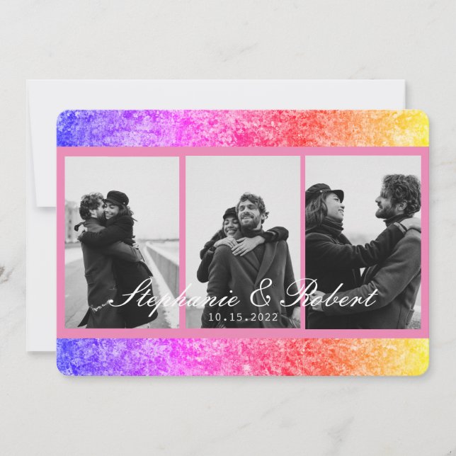 Tre foton Unicorn Rosa Abstrakt Bröllop Inbjudningar (Framsida)