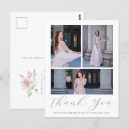Tre fotoQuinceanera Rosa Blommigt-skript Vykort