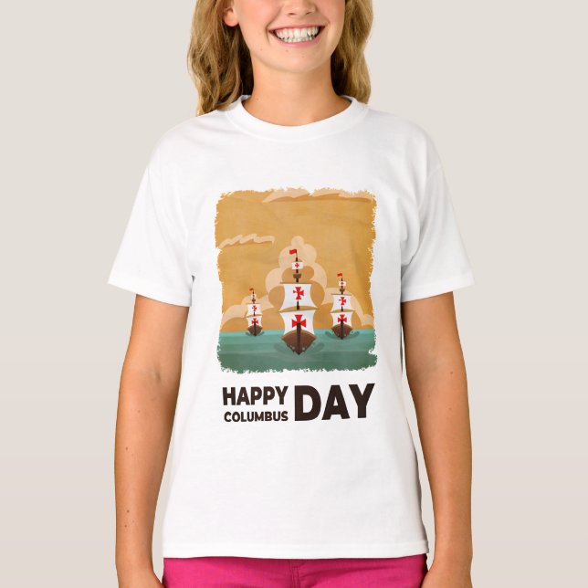 Tre Fraktaser Lycklig Columbus Day T Shirt (Framsida)