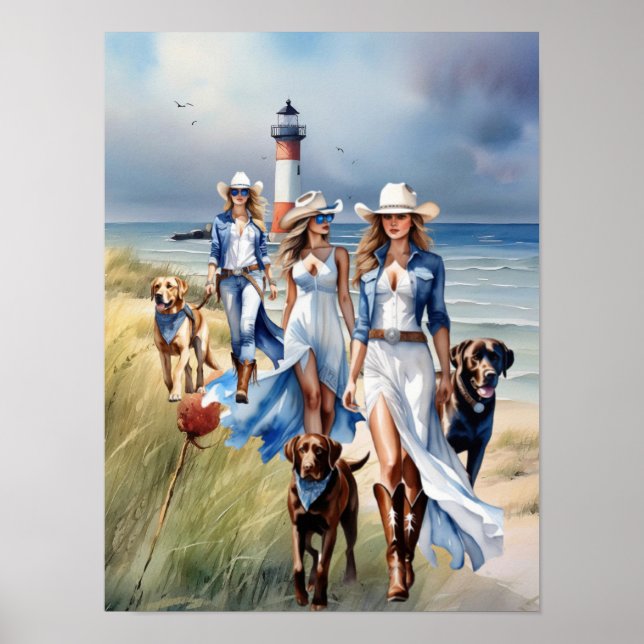 Tre fyr Kusten Cowgirl Dog Walkers Poster (Framsidan)