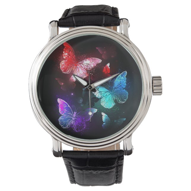 Tre Glowing Butterflies på nattbakgrund Armbandsur (Framsida)