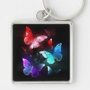 Tre Glowing Butterflies på nattbakgrund Fyrkantig Silverfärgad Nyckelring