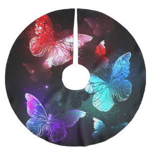 Tre Glowing Butterflies på nattbakgrund Julgransmatta Borstad Polyester