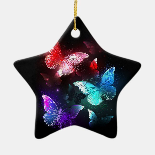 Tre Glowing Butterflies på nattbakgrund Julgransprydnad Keramik (Framsidan)