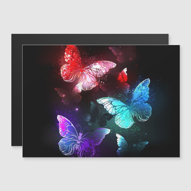 Tre Glowing Butterflies på nattbakgrund Magnetisk Inbjudningskort (Fram/baksida)