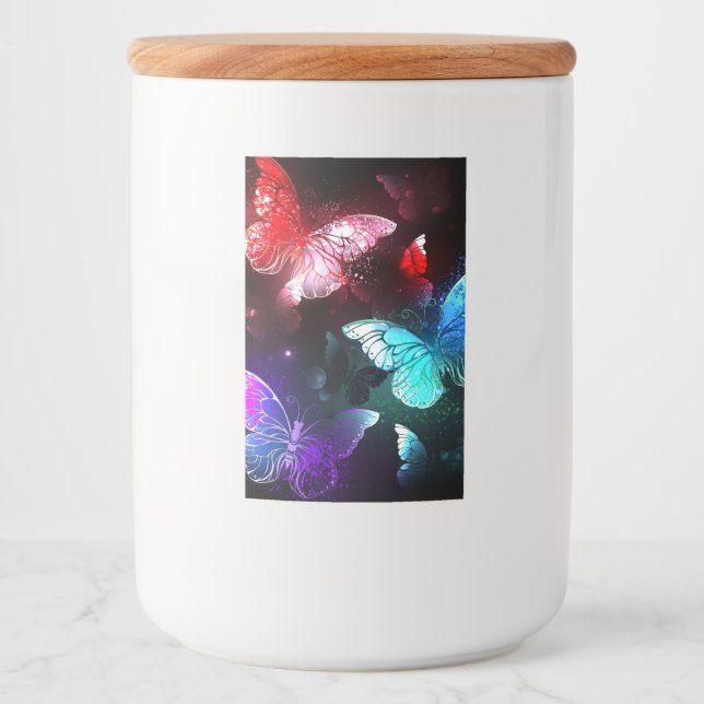 Tre Glowing Butterflies på nattbakgrund Mat Etikett (Framsida)