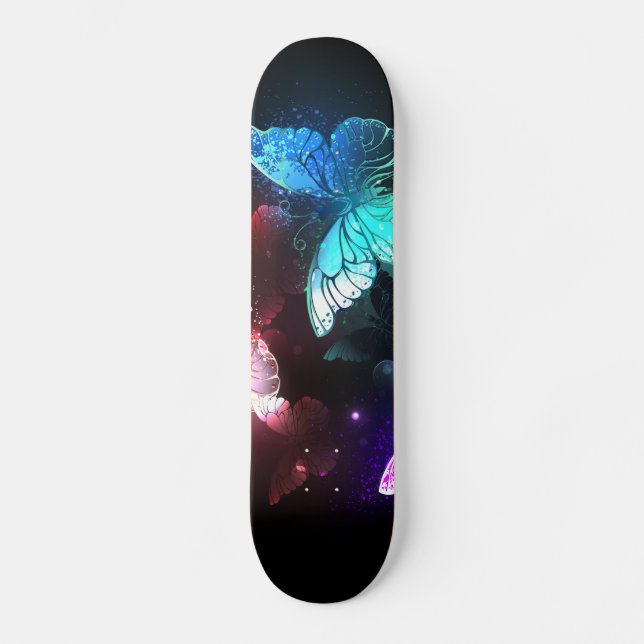 Tre Glowing Butterflies på nattbakgrund Mini Skateboard Bräda 18,5 Cm (Framsida)