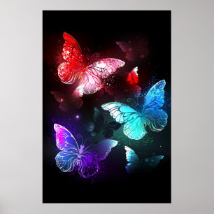 Tre Glowing Butterflies på nattbakgrund Poster