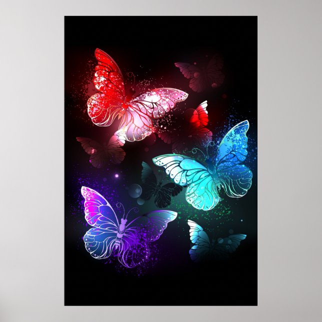 Tre Glowing Butterflies på nattbakgrund Poster (Framsidan)