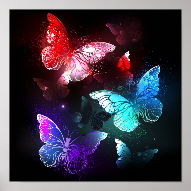 Tre Glowing Butterflies på nattbakgrund Poster (Framsidan)