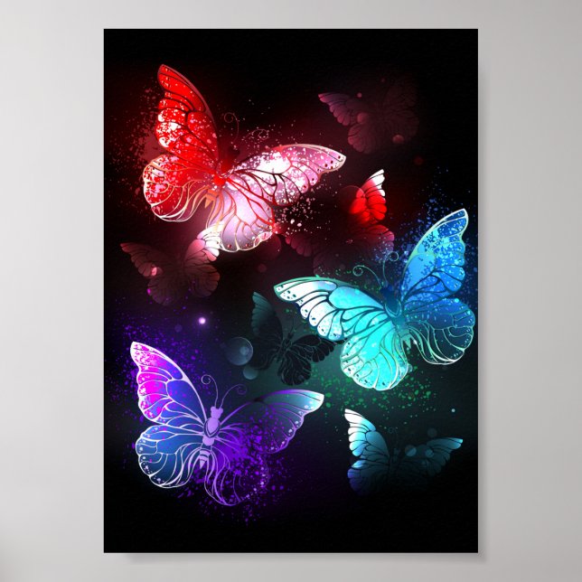 Tre Glowing Butterflies på nattbakgrund Poster (Framsidan)