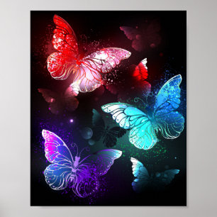 Tre Glowing Butterflies på nattbakgrund Poster