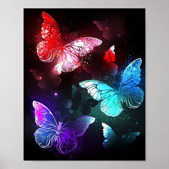Tre Glowing Butterflies på nattbakgrund Poster (Framsidan)