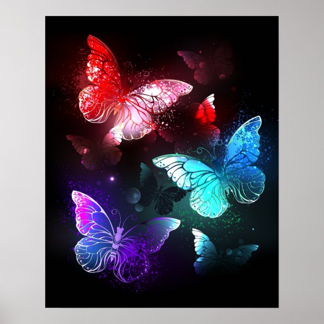 Tre Glowing Butterflies på nattbakgrund Poster (Framsidan)