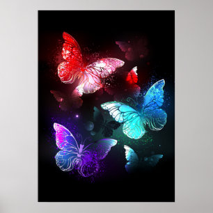 Tre Glowing Butterflies på nattbakgrund Poster