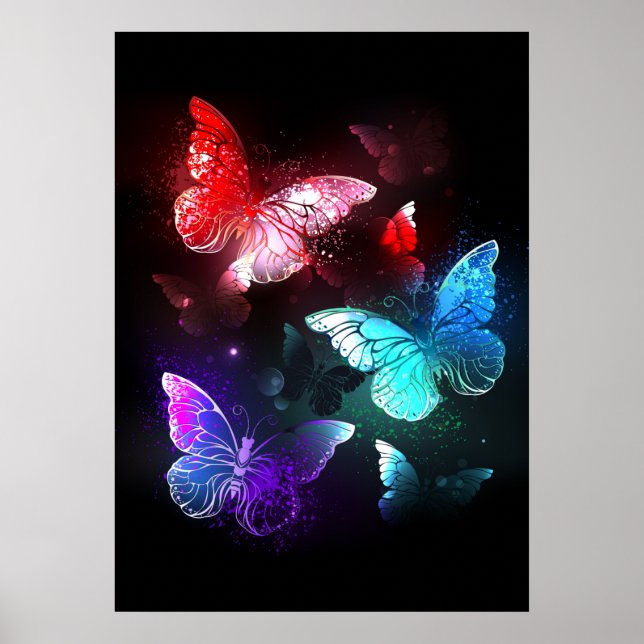 Tre Glowing Butterflies på nattbakgrund Poster (Framsidan)