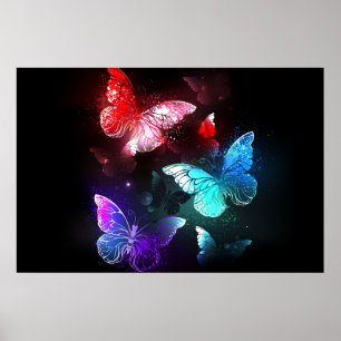 Tre Glowing Butterflies på nattbakgrund Poster