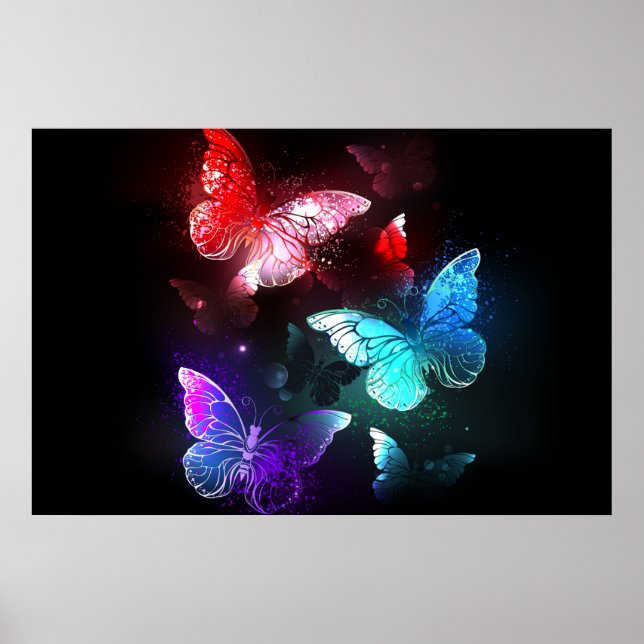 Tre Glowing Butterflies på nattbakgrund Poster (Framsidan)
