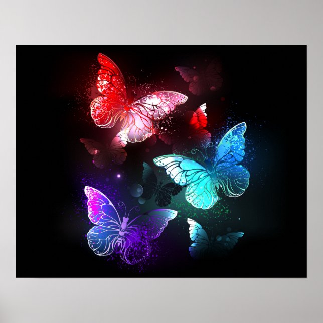 Tre Glowing Butterflies på nattbakgrund Poster (Framsidan)