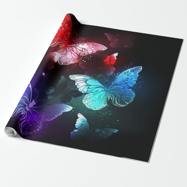 Tre Glowing Butterflies på nattbakgrund Presentpapper (Utrullad)