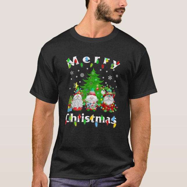 Tre Gnomes God jul Light Träd Gnome Fami T Shirt (Framsida)