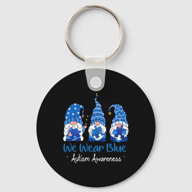 Tre Gnomes Holding Blue Puzzle Autism Awareness Nyckelring (Framsida)
