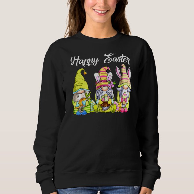 Tre Gnomes Holding Påskägg Cute Bunny Lycklig E T Shirt (Framsida)