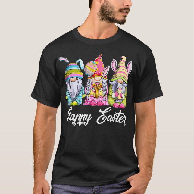 Tre Gnomes Holding Påskägg Cute Bunny Lycklig E T Shirt (Framsida)