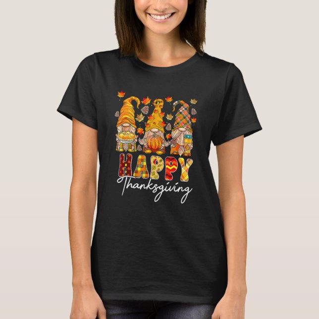 Tre Gnomes Pumpkin Fall Season Hösten Lycklig än T Shirt (Framsida)