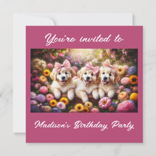 Tre Golden Retriever-valpar med blommor Inbjudningar (Framsida)